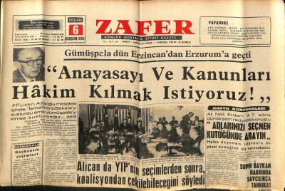 Zafer Gazetesi - 6 Kasım 1963 - Gümüşpala Anayasayı Ve Kanunları Hakim Kılmak İstiyoruz GZ110362 - 1