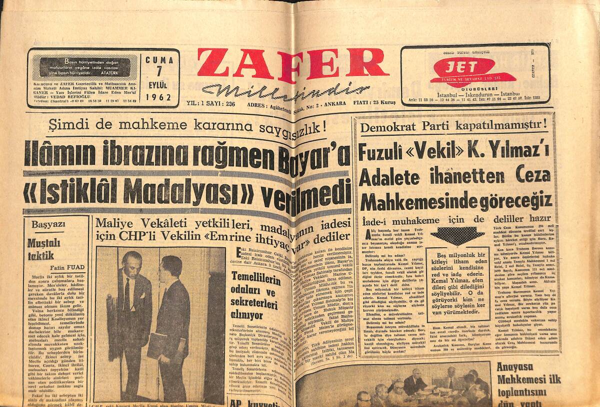 Zafer Gazetesi 7 Eylül 1968 - Fuzuli Vekil K. Yılmaz'ı Adalete İhanetten Ceza Mahkemesinde Göreceğiz GZ148939 - 1