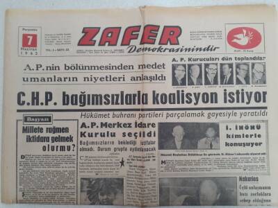 Zafer Gazetesi - 7 Haziran 1962 - CHP Bağımsızlarla Koalisyon İstiyor GZ112428 - 1