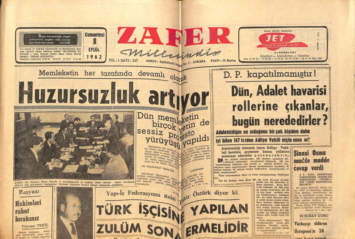 Zafer Gazetesi 8 Eylül 1962 - Ayten Yine Yuhalandı Ve Yüzüne Tükürüldü - Türk İşçisine Yapılan Zulüm Sona Ermelidir GZ148921 - 1