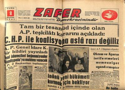 Zafer Gazetesi - 8 Haziran 1962 - CHP İle Koalisyona Razı Değiliz GZ110462 - 1