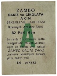 ZAMBO Sakızı İkramiyeli Artistler Serisi No 82 Peri Han # SKZ1417 - 2