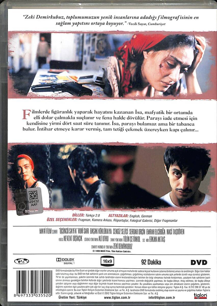 Zeki Demirkubuz: Üçüncü Sayfa (1999) Orijinal DVD - Tiglon Koleksiyon Serisi DVD Film (İkinci El) DVD2906 - 2