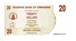 Zimbabve 20 Dolar 2007 ÇİL YKP8139 - 3