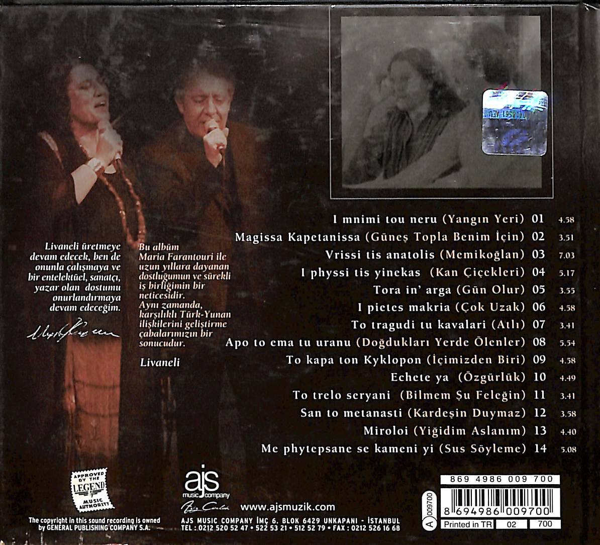 Zülfü Livaneli & Maria Farantouri - I Mnimi Tou Nera CD (İkinci El) CD3952 - 2